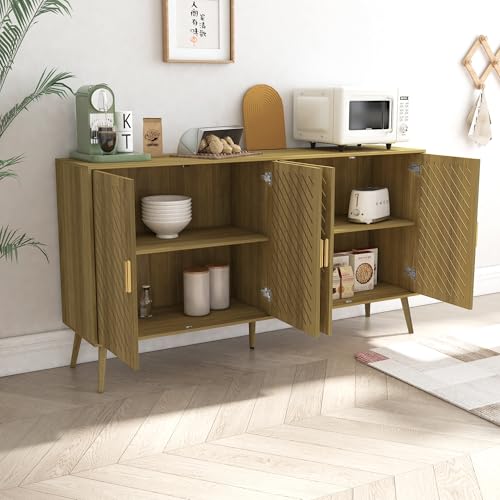 Wood Sideboard Buffet Cabinet with Storage, 4 Doors, Adjustable Shelves, TV Stand or Coffee Bar for Kitchen, Dining Room, Living Room, Entryway (Walnut)