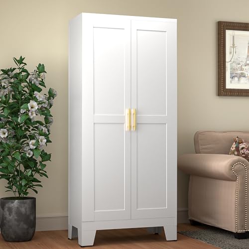 75.2" Tall Metal Pantry Cabinet, Storage Cabinets with 4 Door and 4 Adjustable Shelves, Black Kitchen Pantry Storage Cabinet, Freestanding Cupboard for Kitchen Dining Room Living Room Bathroom