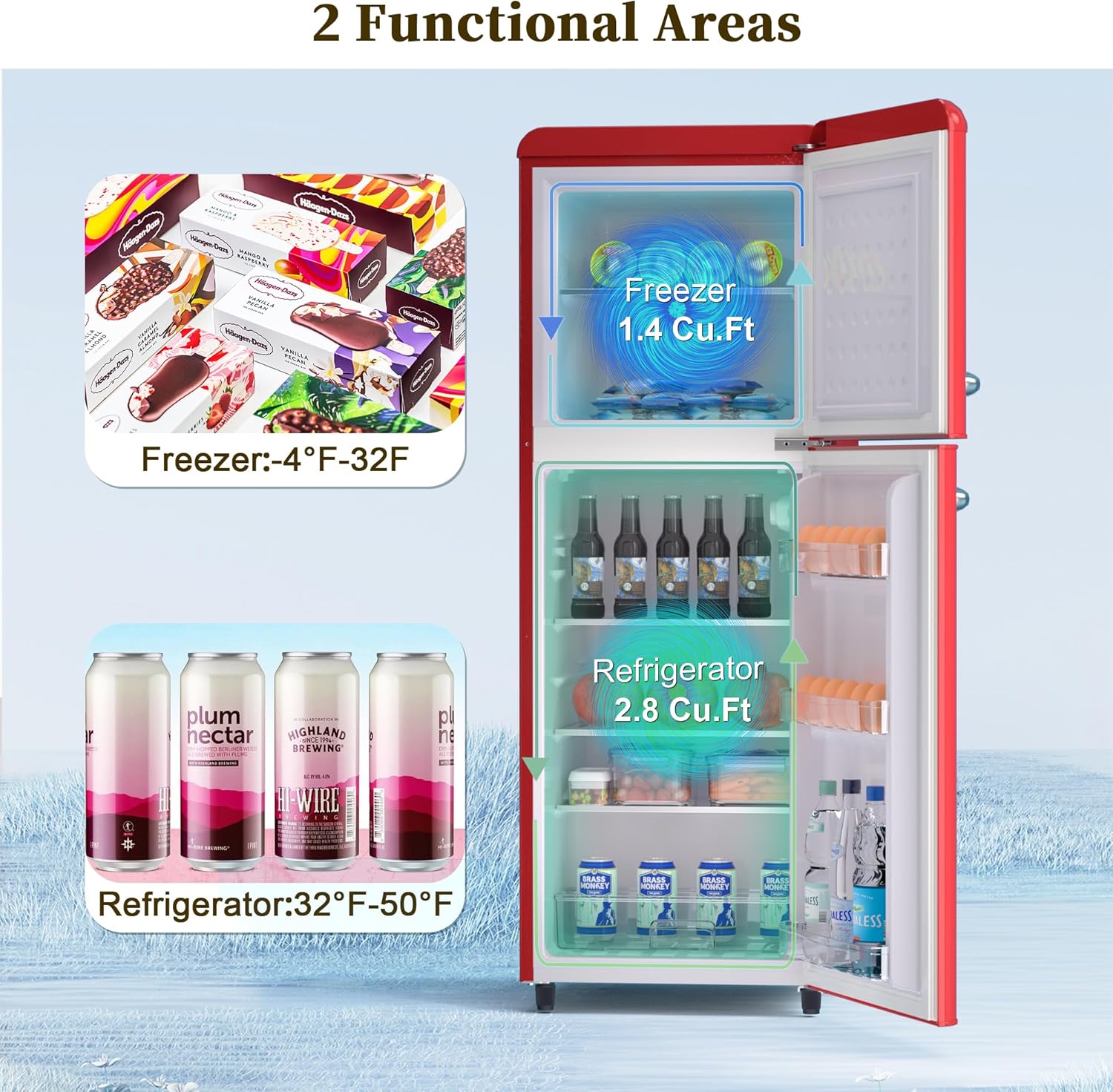 Retro Mini Fridge with Freezer for Dorm,4.2 Cu. Ft. Mini Fridge with Freezer Retro Style Double Door Small Fridge with Adjustable Thermostat, Retro Dorm Fridge with Freezer for Apartment,Office(Red)