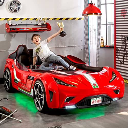 GTS EV Twin Race Car Bed, Remote Control, LED Lights, EV Sound FX, Vegan Leather Interior, License Plate, White
