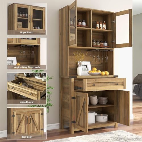 72 inch Tall Kitchen Pantry Cabinet Storage Hutch, Kitchen Cupboard with Countertop for Microwave, Coffee Bar, Free Standing Pantry with Doors for Living Room（2Pcs High + 1 Pcs Low Cabinet）