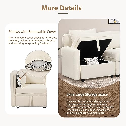 Convertible Modular Sectional Sofa with Storage, 122.8" Modern Chenille Fabric Couch Minimalist Sofa with 5 Pillows for Living Room, Office, Apartment, Space Saving, Free Combination, Cream