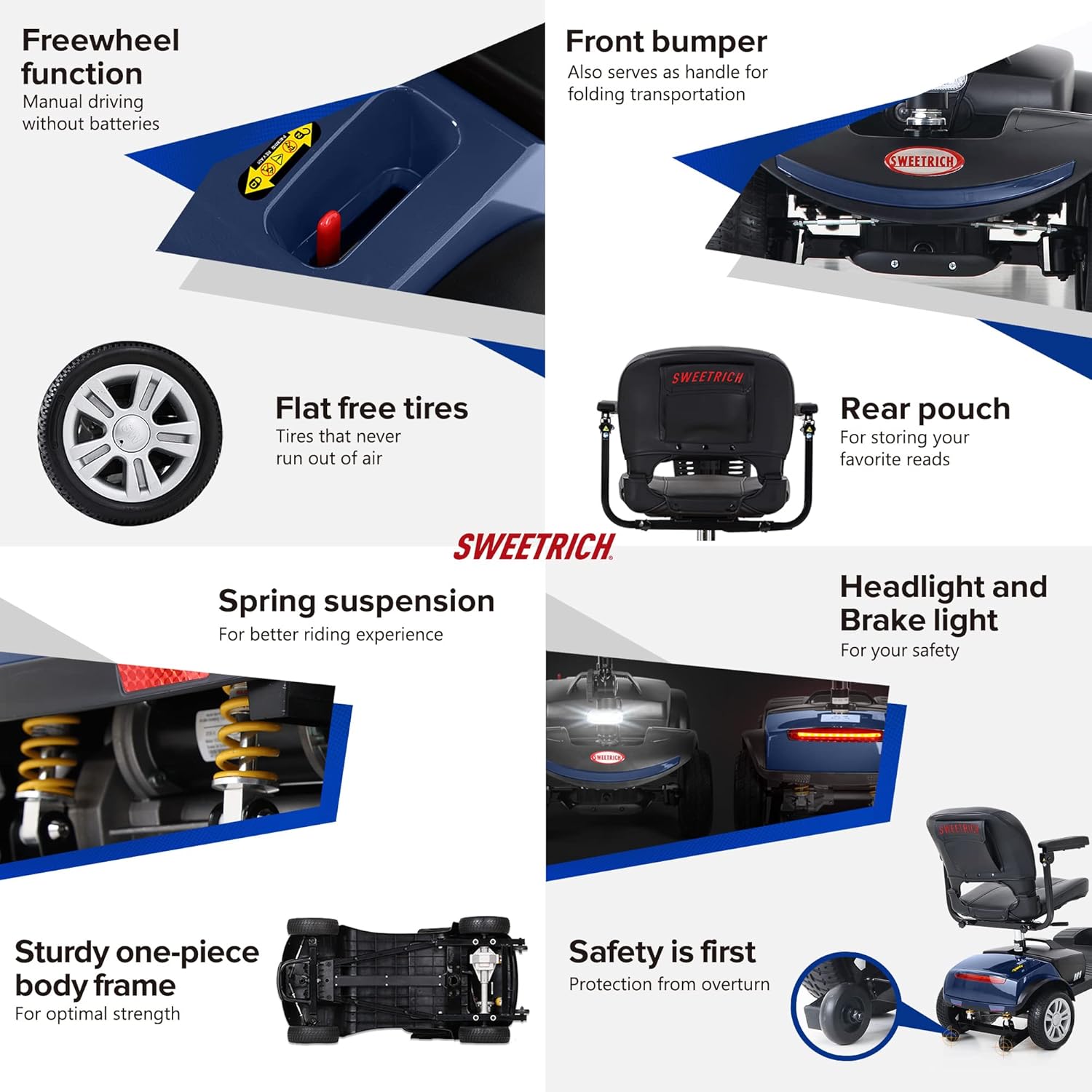 4-Wheel Compact Travel Electric Powered Mobility Scooter for Seniors and Adults 300 lbs Max Weight, Lightweight and foldable, with Large Capacity Lead-Acid Battery, Charger and Thick Leather Seat-Blue