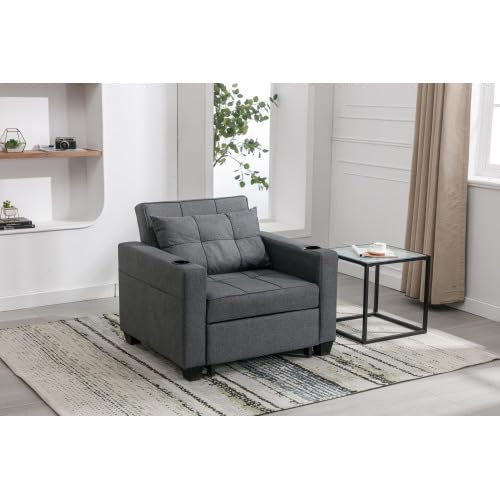 3-in-1 Sofa Bed Chair, Convertible Sleeper Chair Bed with 2 Cupholders & Adjust Backrest, Chaise Lounge Chair,Single Bed,Modern Chair Bed Sleeper for Living Room/Office/Small Apartment (Light Gray)
