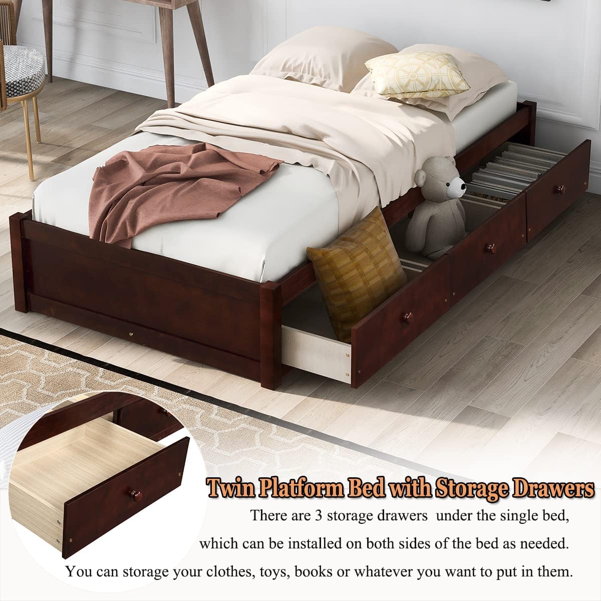 Storage Bed With 3 Drawers, Wood Platform Bed Frame With Storage Drawers, Bed Frame With Wood Slat Support, o Box Sprig eeded,Cherry
