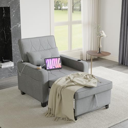 3-in-1 Convertible Sofa Chair Bed, Pull Out Leather Recliner Sleeper Sofa Chair Bed Couch with Cup Holders, USB & Type C Port,Side Pockets, Perfect for Living Room,Bedroom,Office (Black)
