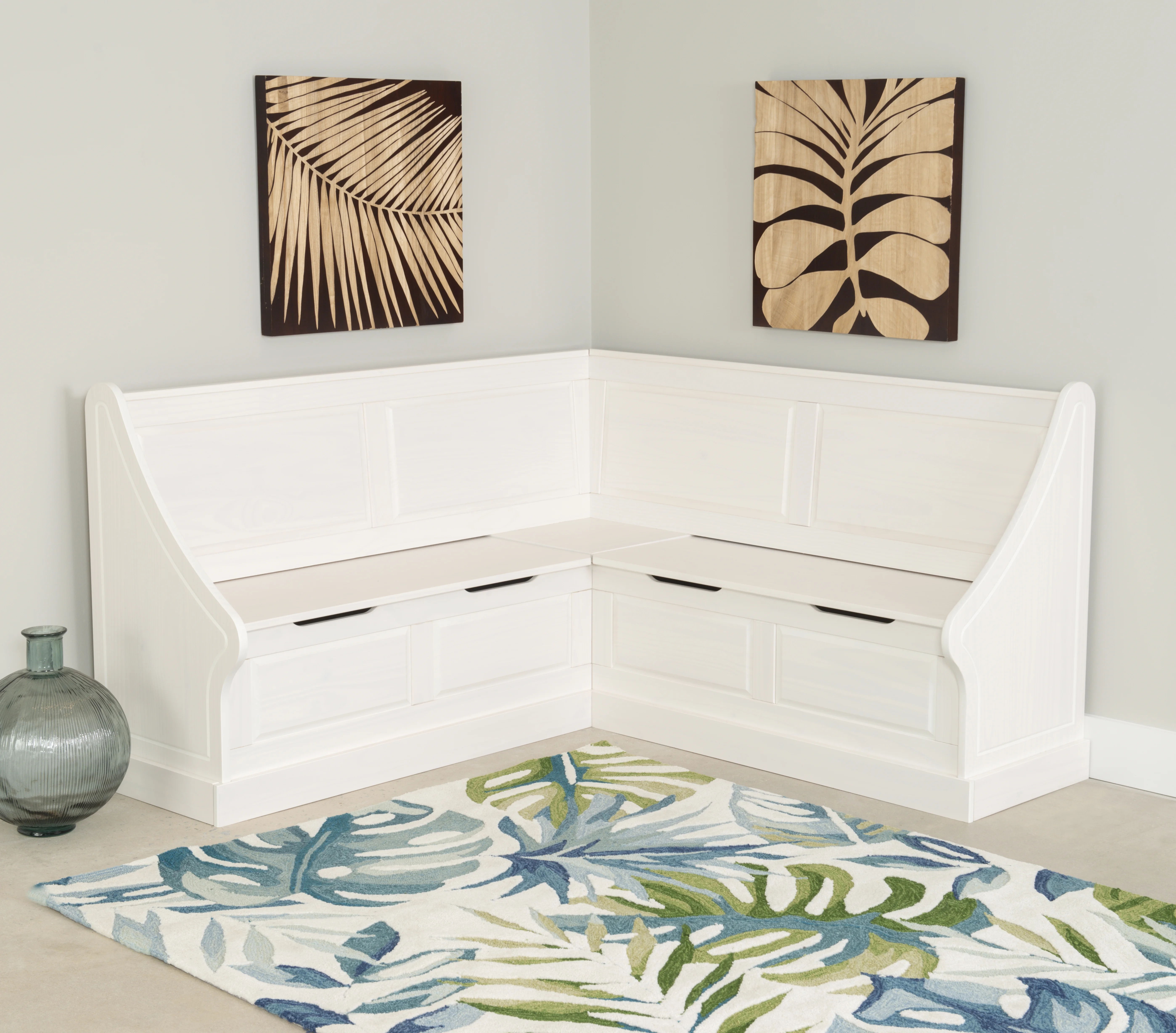 Linon Tobin Wood Corner Dining Breakfast Nook Bench with Storage, Seats 4, White Finish (Table sold separately)