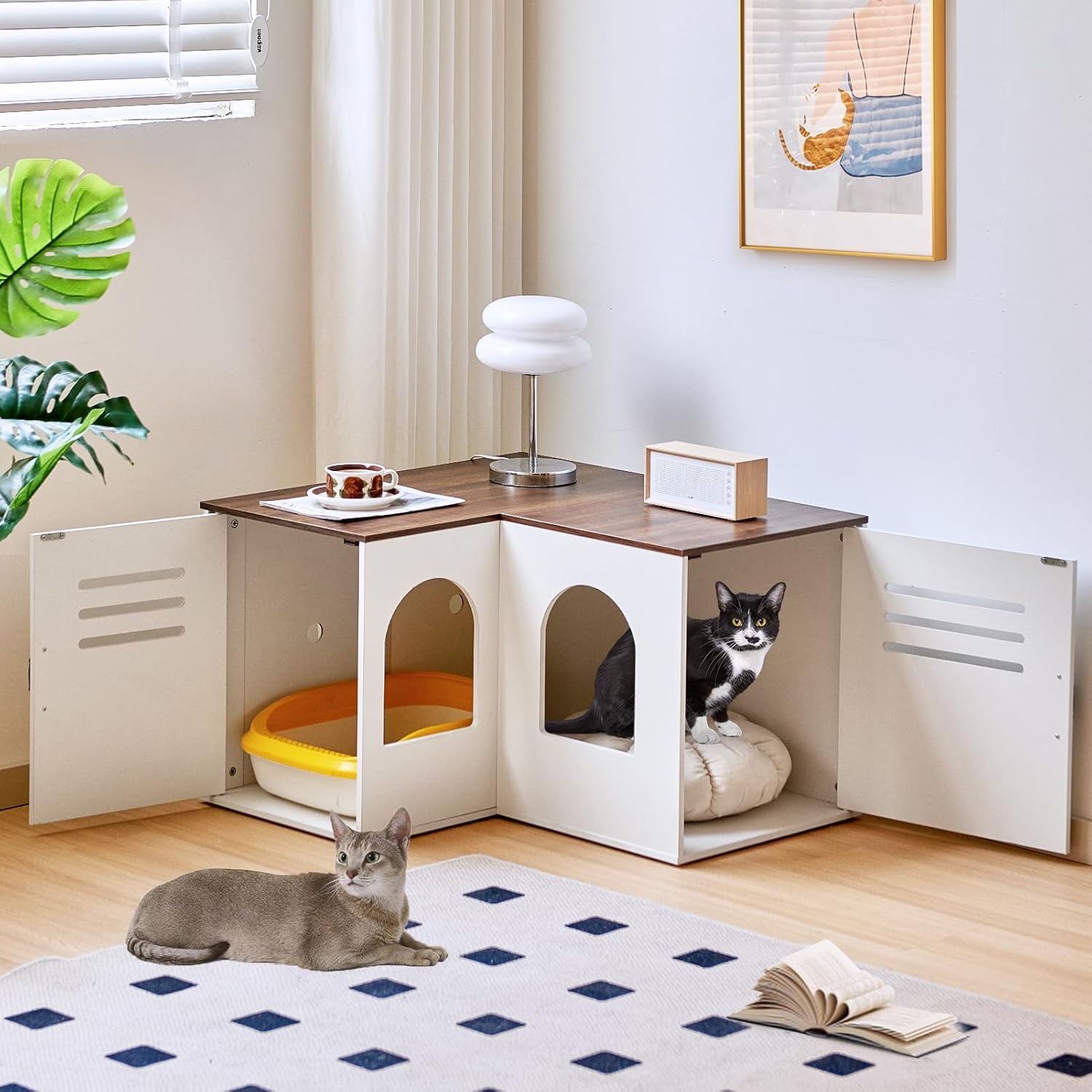 Corner Litter Box Enclosure for 2 Cats, Hidden Litter Box Furniture, Litter Box Cabinet with Double Room, Indoor Cat House End Table, 31.5 x 17.7 x 19.7 in, White