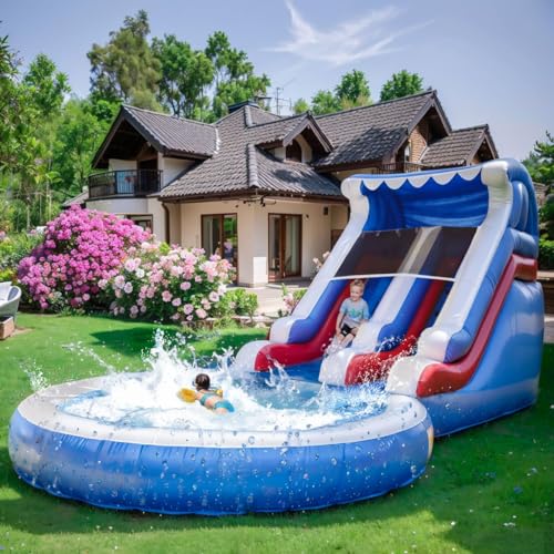 Water Slides for Kids,Commercial Big Water Slide for Adults Backyard 100% PVC Climbing Ladder with 2 Large WaterSlides with Splash Pool Outdoor Wet Dry Inflatable Pool Kids Water Slides 20FT/L