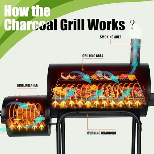 Leonyo Charcoal Grill with Smoker, BBQ Charcoal Grill and Offset Smoker, Large Barrel Grill with Grill Cover, 811 Square Inches, Griddle Accessories kit of 21, Outdoor Camping, Backyard, Patio Parties