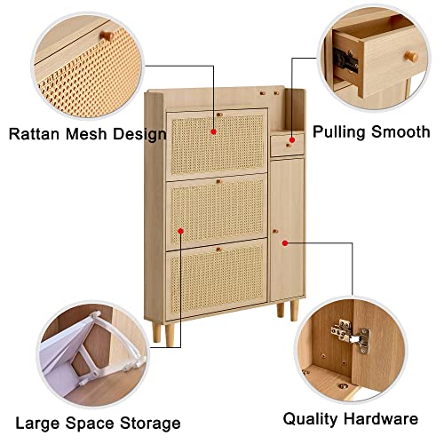 Olela Organizer Shoe Cabinet Storage with Rattan Doors & Adjustable Shelves, Modern Hidden Shoe Rack with 3 Flip Drawers & 2 Small/Large Shelves for Entryway, Front Door Entrance