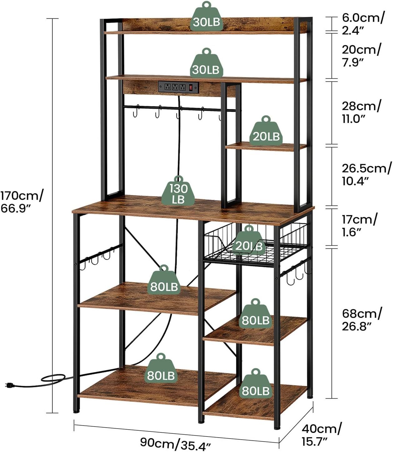 Kitchen Bakers Rack with Power Outlet, Microwave Stand with Multiple Shelves, Floor Standing Bakers Rack, Coffee Bar with Mesh Basket, for Kitchen, Dining Room, Rustic Brown and Black THB01UBF