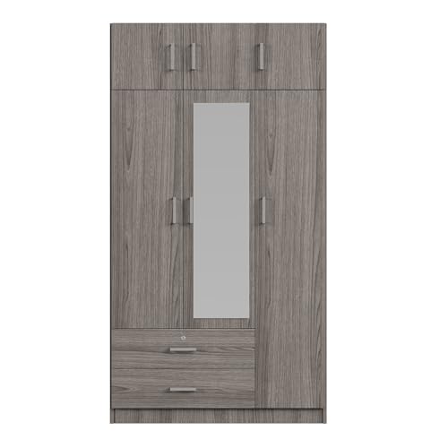 6-Door Armoire Wardrobe Closet with Mirror, 2 Drawers Wooden Armoire Closet Cabinet for High Storage Capacity, Bedroom Armoires with 1 Hanging Rod 41.3" L x 19.5" W x 81.1" H