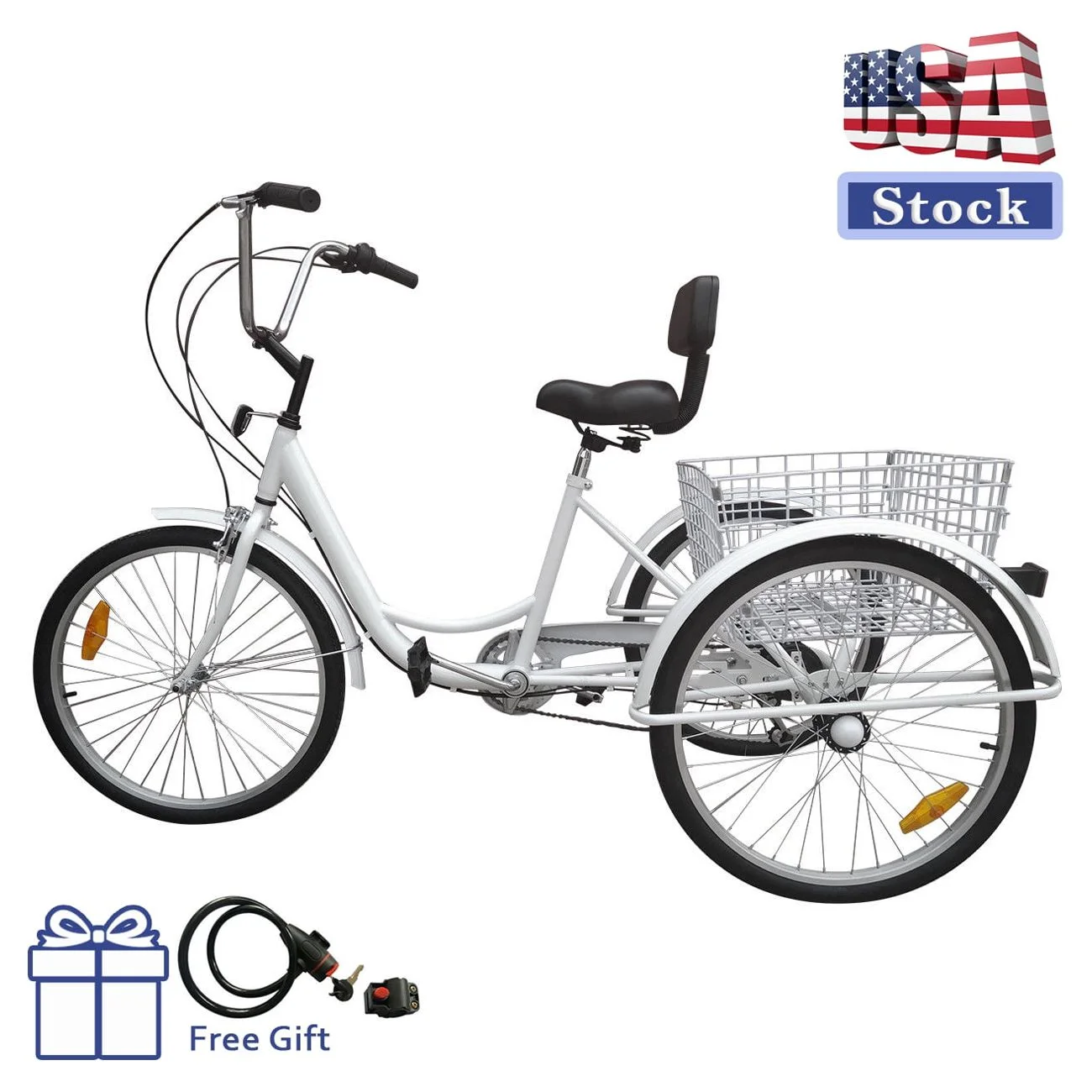 Motor Genic Unisex 7-Speed 24" Adult 3-Wheel Tricycle Cruise Bike With Basket Women Trike Bycicle White