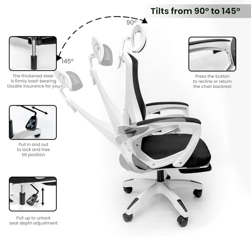 Ergonomic Office Chair w/Reclining High Back Adjustable Headrest Foot Rest & Wheels - Comfortable Mesh Chair for Lumbar Support - Swivel & Tilt Function Black Frame - Blue mesh