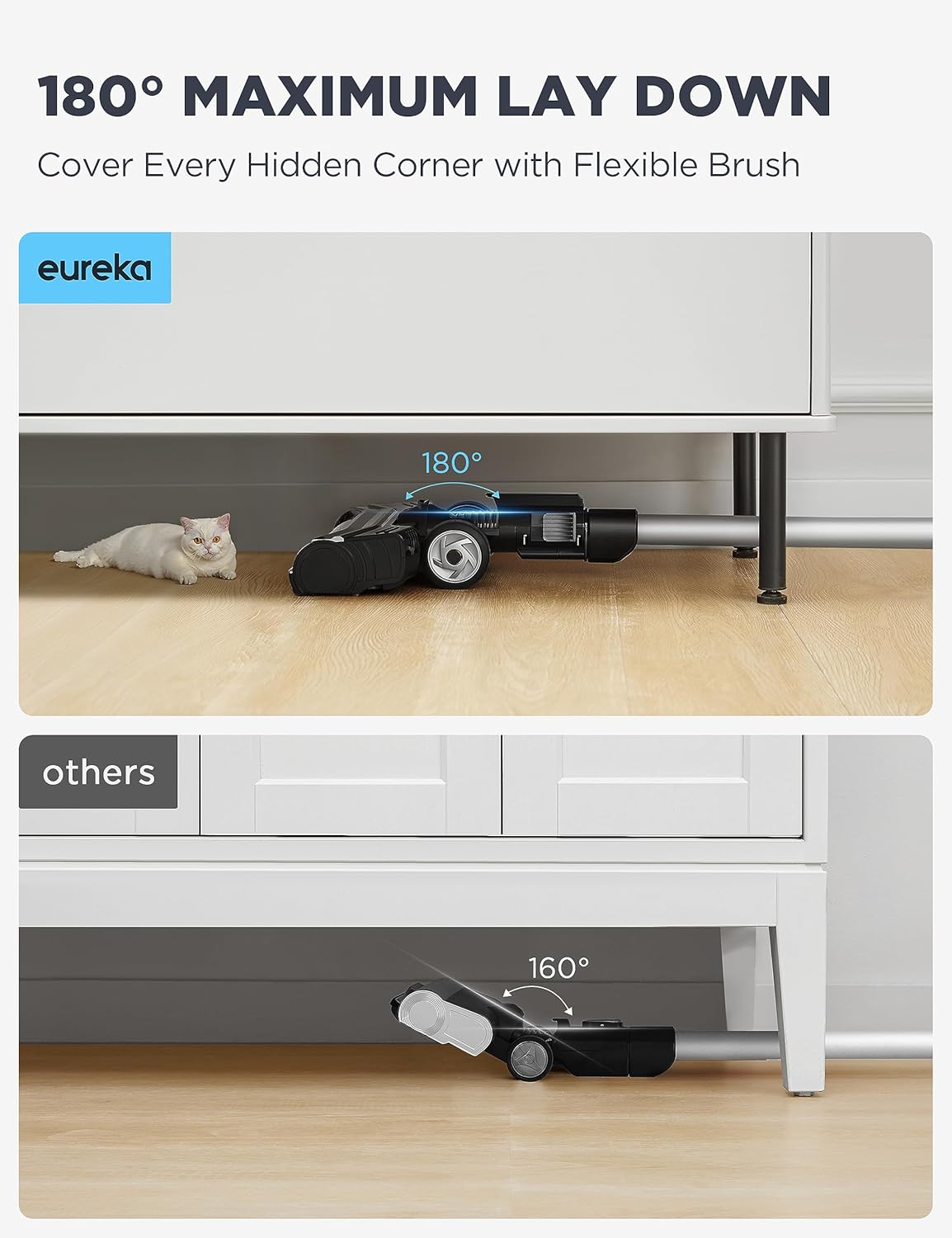 Eureka Cordless Vacuum Cleaner, Stick Vacuum for Home Pet Hair Carpet Hardfloor, Powerful Suction, Dual LED Headlights, 180° Flexible Brush Head, 60 Mins Runtime, Black and Silver