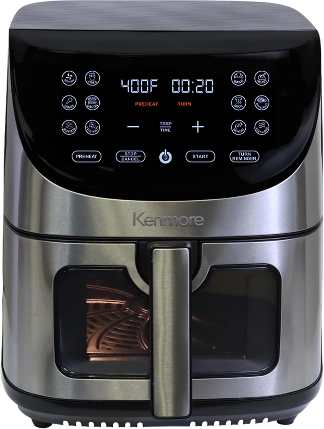 Kenmore 8 Qt Air Fryer, Family Size, 1700W, 12 Preset Cooking Functions, Digital Touch Screen, Programmable Temperature & Timer, Viewing Window, Roast Bake Broil Dehydrate Reheat, Stainless Steel