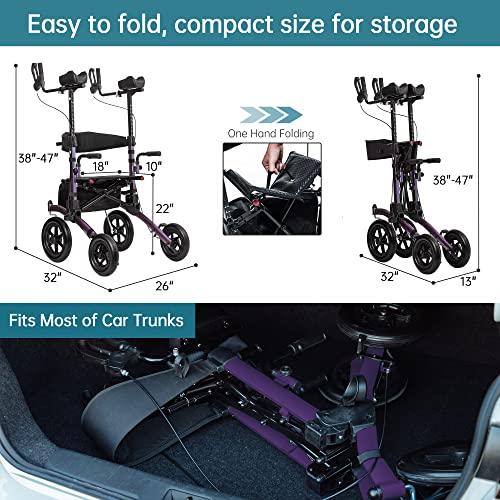 ELENKER All-Terrain Upright Rollator Walker, Stand Up Rolling Walker with Non-Pneumatic Tire 12” Front Wheels, Compact Folding for Seniors, Champagne