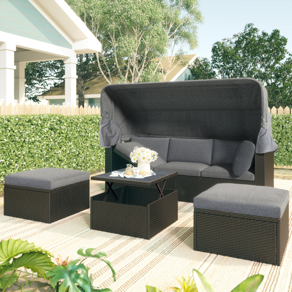 Holaki Outdoor Patio Rectangle Daybed with Retractable Canopy, Wicker Furniture Sectional Seating with Washable Cushions, Gray