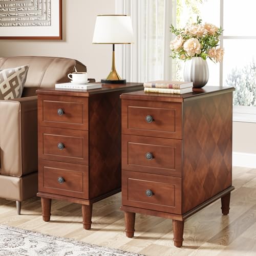 Fully Assembled End Table, Narrow Side Table with 3 Drawers, Pre-Assembled Nightstand Slim Bedside Table for Small Spaces, Living Room, Bedroom, Brown