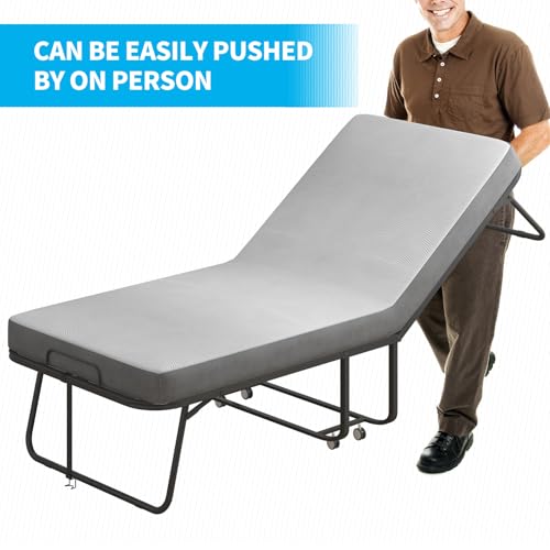 Folding Bed with Mattress for Adults, Portable Folding Bed with 4" Foam Mattress, Single Rollaway Beds with Metal Frame, Twin Size Foldable Bed Fold Away Bed Space Saving