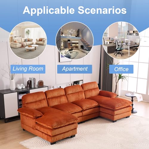 110" Sectional Sofa Cloud Couch for Living Room, Modern Corduroy U Shaped Couch, Comfy Modular Sofa Sleeper with Double Chaise & Memory Foam for Living Room Apartment（White）