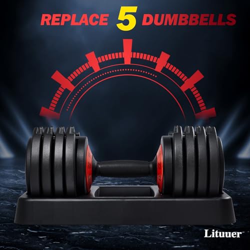 25/55 Lbs Pair Adjustable Black Grip Handle Dumbbell Set, Fast Adjust Dumbbell Weight for Exercises Pair Dumbbells for Men and Women in Home Gym Workout Equipment, Dumbbell with Tray Suitable for Full Body