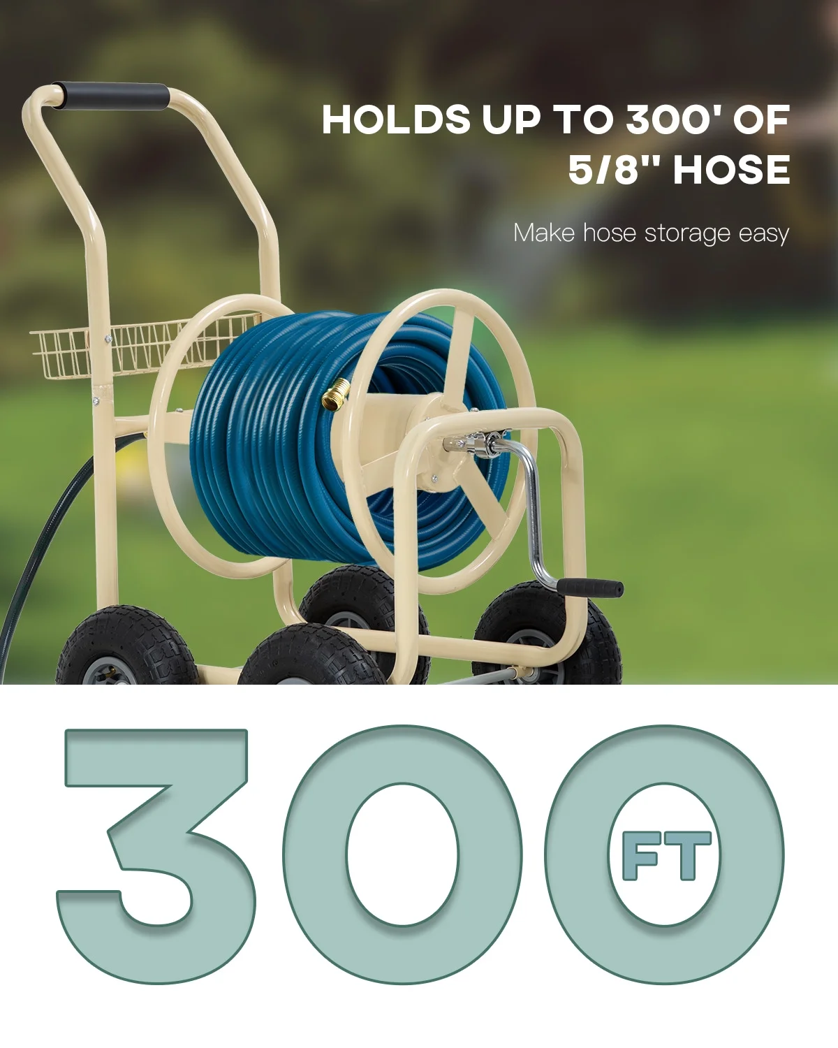 Garden Hose Reel Cart with Wheels, Water Hose Reel Cart Heavy Duty Hose Reel Holds 300-Feet of 5/8-Inch Hose Metal Hose Reels for Outdoor Yard Lawn Water Truck Planting Cart with Storage Basket, Tan