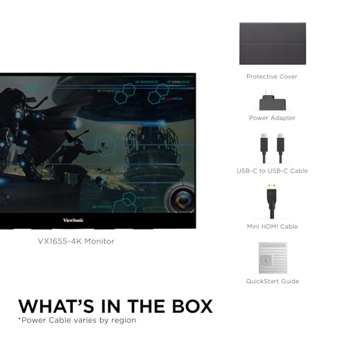 ViewSonic VX1655-4K-OLED 15.6 Inch 4K UHD Portable OLED Monitor with 2 Way Powered 60W USB C, Mini HDMI, Dual Speakers, and Built-in Stand with Magnetic Cover