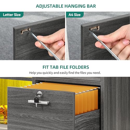 YITAHOME Wood File Cabinet, 3 Drawer Mobile Lateral Filing Cabinet, Storage Cabinet Printer Stand with Charging Station and Led Light for Home Office Organization, Black