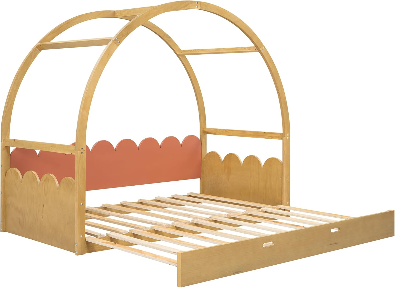 Floor Bed Twin to King, Wood House Montessori Bed Frame with Fence Rails and Vaulted Roof, Extending Kids Bed for 2 Girls Boys, Playhouse Design, Natural