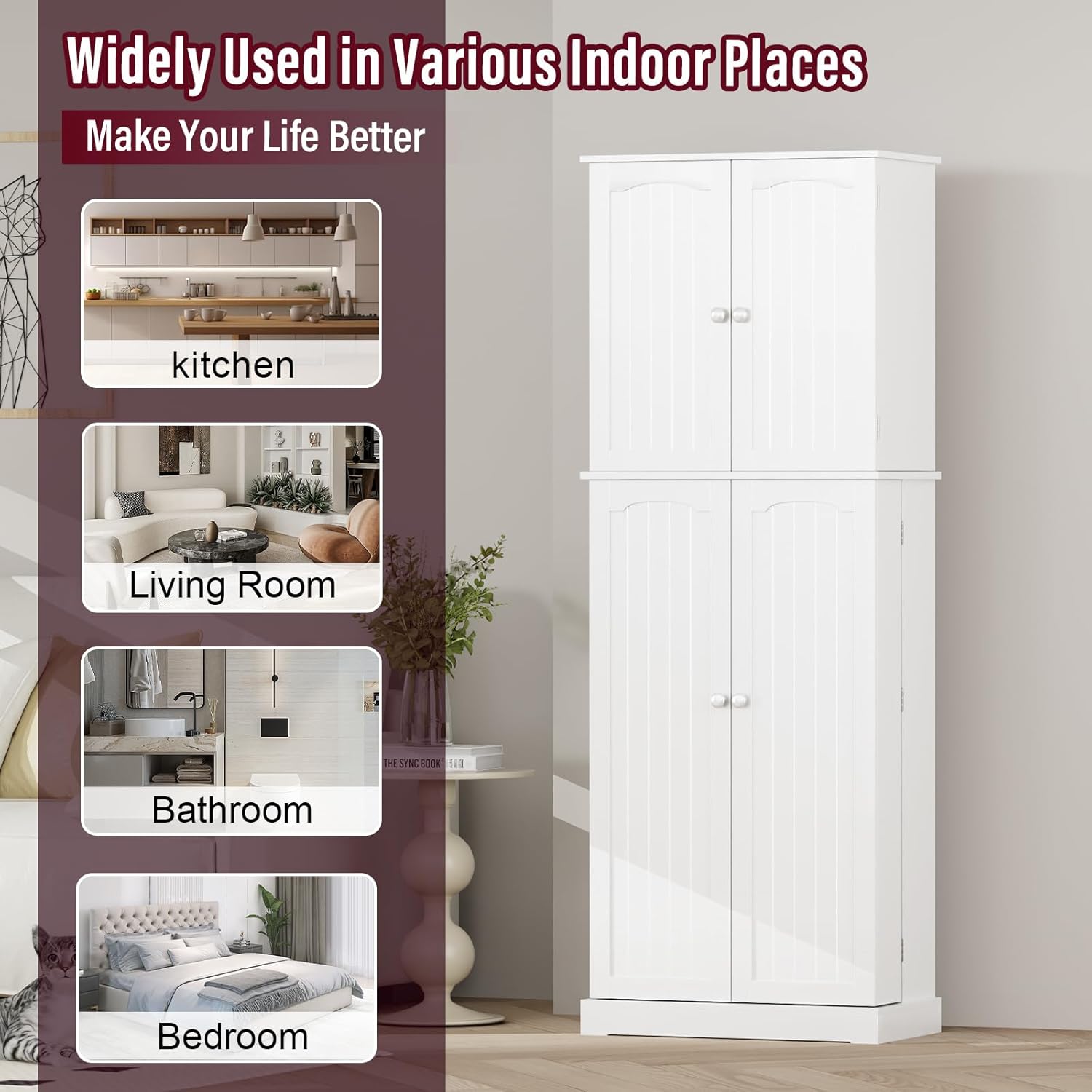 HOME BI 64" Kitchen Pantry Cabinet, Tall Freestanding Pantry Storage Cabinet, Food Pantry Cabinets with Doors and Shelves for Home Kitchen, Dining Room, Living Room, White