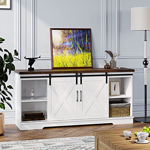 IDEALHOUSE Farmhouse TV Stand for 65 Inch TV Entertainment Center TV Media Console Table, Barn Door TV Stand with Storage and Shelves, Tall Modern TV Console Table Furniture for Living Room (White)