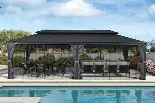 PURPLE LEAF 10' X 14' Permanent Hardtop Gazebo Aluminum Gazebo with Galvanized Steel Double Roof for Patio Lawn and Garden, Curtains and Netting Included, Grey