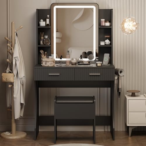Vanity Desk with LED Lighted Mirror, Makeup Vanity with 3 Adjustable Lights, 2 Large Drawers and 4 Open Shelves, White Vanity with Storage Stool for Bedroom