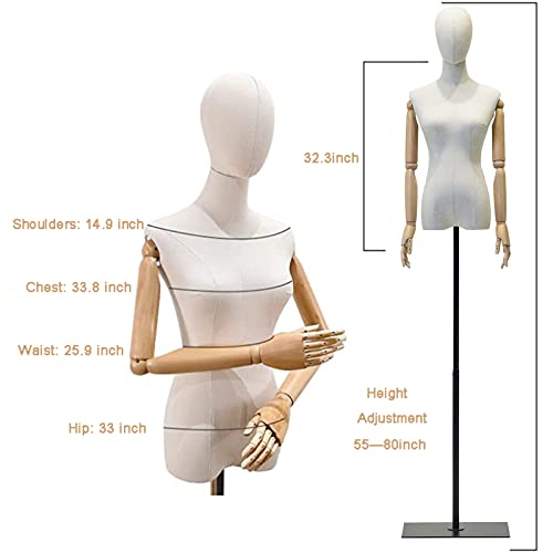 Female Mannequin Dress Form Torso, Display Mannequin Body with Detachable Head, Wooden Hands and Golden Adjustable Height Stand, for Dress Jewelry Display, Beige (Gold)