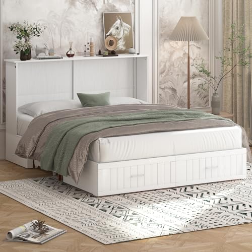 BALUS 64" W Murphy Bed Cabinet with Mattress,Murphy Bed Queen,Modern Muti-Functional Cube Cabinet Bed 2 Large Drawers&3 Level Folding Foam Mattress for Living Room/Apartment/Loft (Stone Grey)