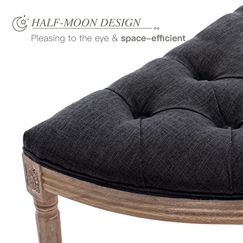 55" End of Bed Bench Vintage Half Moon Upholstered Fabric Semi-Circle Entryway Bench with Padded Seat & Rubberwood Legs, Tufted Dining Bench for Bedroom Living Room Hallway, Beige