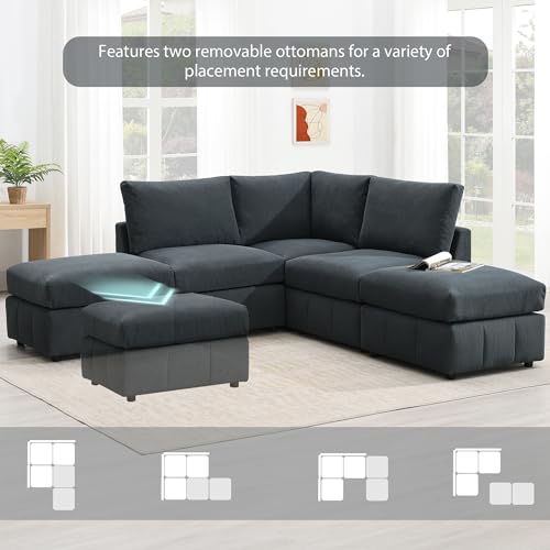 93 Inch L Sectional Sofa Corner Couch with 2 Movable Ottomans Set Reversible Symmetric L Shape – 5-Seat Armless Modern Design for Living Room, Home Office Dark Grey Corduroy