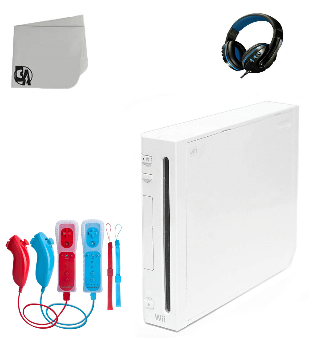 Nintendo Wii White Gaming Console With 2 Red&Blue Gaming Controller + Head Set BOLT AXTION Bundle Like New