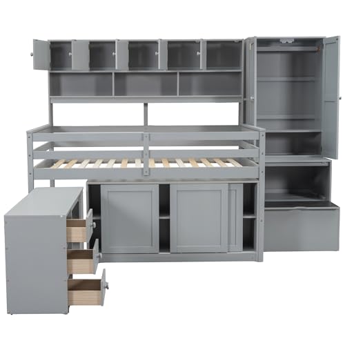 Solid Wood Low Loft Bed with All-in-One Big Storage and Mobile Desk, Twin Size Loft Bed Frame with Built-in Wardrobe and Storage Staircase for Kids Teens Boys Girls, Space-Saving, White-a