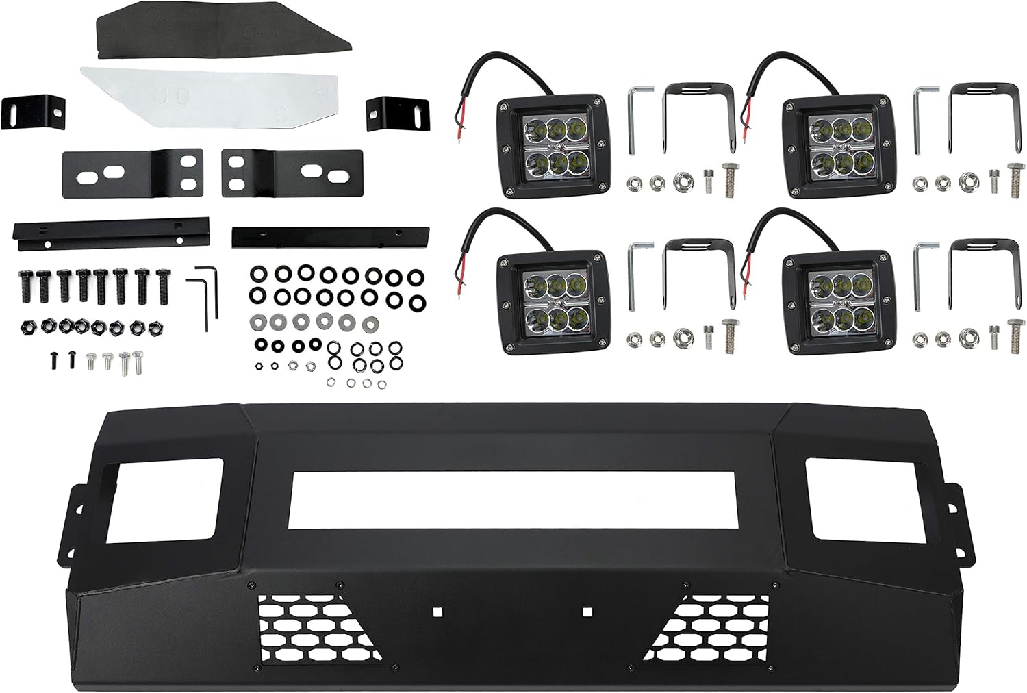 Steel Front Bumper 3 Piece W/Cube Lights Compatible with 2011-2016 Ford F250 F350 Super Duty (2 Packages Shipment)