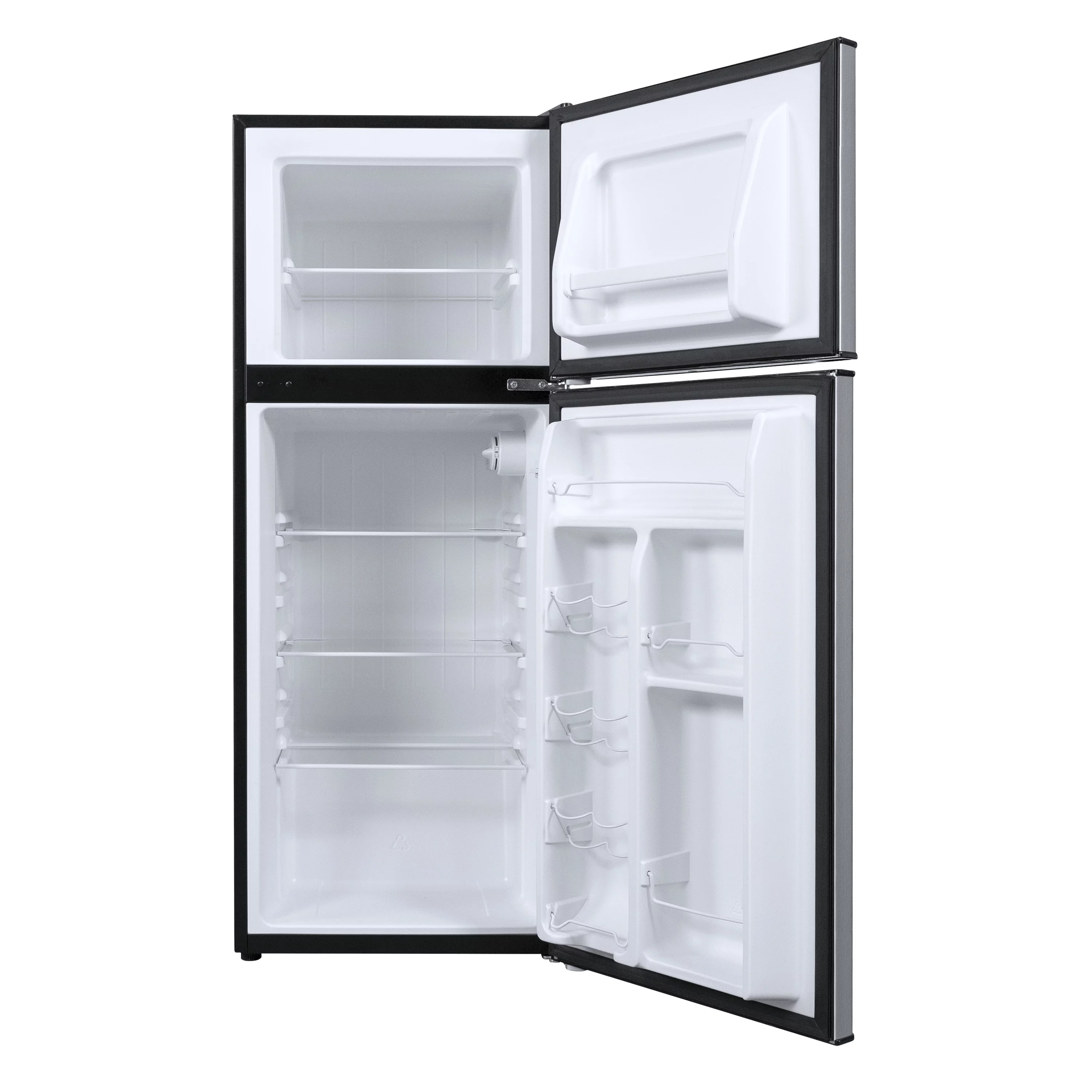Galanz 4.6. Cu ft Two Door Mini Refrigerator with Freezer, Stainless Steel, New, Width 19.13"