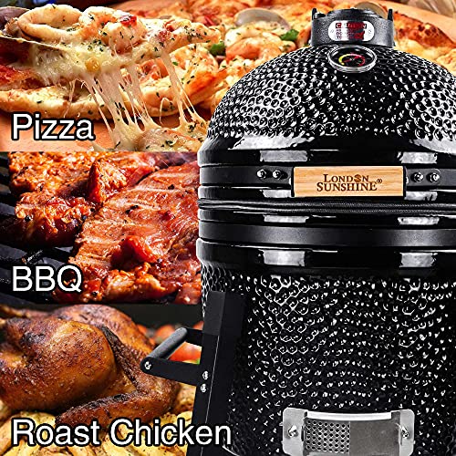 Ceramic Kamado Charcoal BBQ Grill and Smoker, Stainless Steel Grates -15" Ceramic with Tall Stand (BLACK)