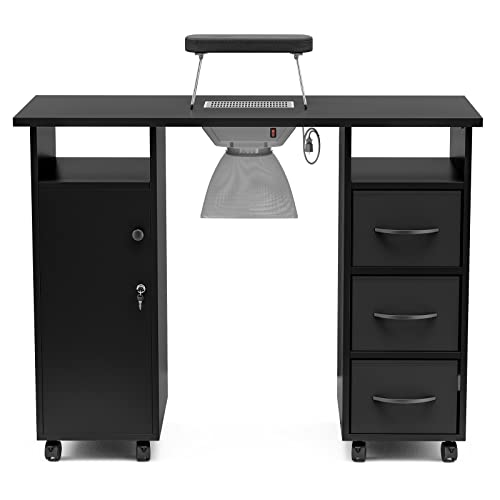 Paddie Manicure Table Nail Desk for Technician, Acetone Resistant Nail Tech Table Nail Table Station w/Dust Collector, Wrist Cushion, Non-Woven Drawers, Lockable Wheels & Cabinet (Black)