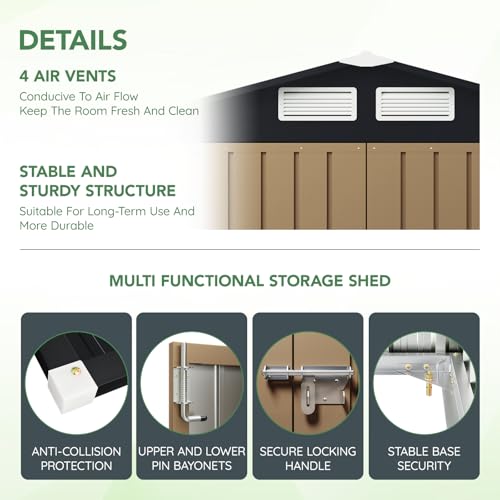 10X12X7.5 FT Outdoor Steel Storage Shed with Lockable Doors, 2 Windows, Transparent Roof Panels (Wood Panels & Frame Floor Not Included), Ideal for Patio Storage,Garbage Can, Chicken Coop，Brown