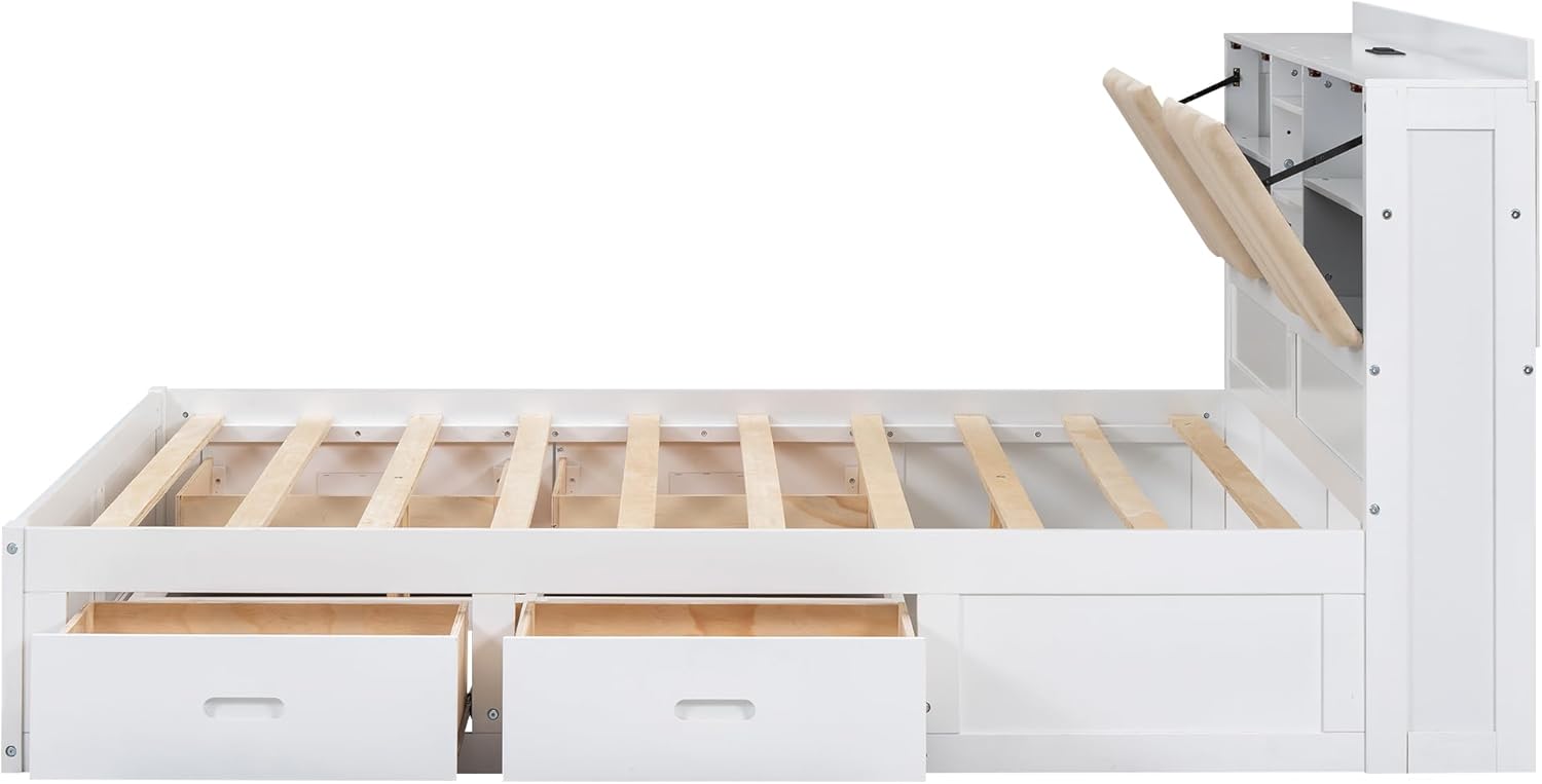Wood Full Size Platform Bed with Storage Headboard and 4 Drawers, White