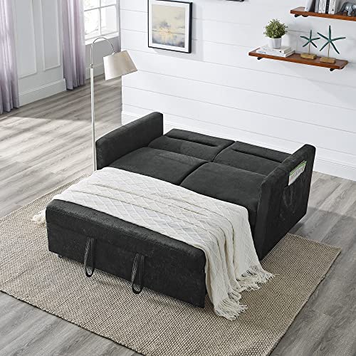 Couch with Adjustable Back and Two Arm Pocket Chenille Fabric Convertible Sofa, Sleeper Bed for Living Room Apartment Lounge, Grey