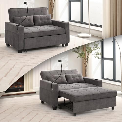 3 in 1 Convertible Sleeper Chair Bed,Pull Out Chair Sleeper with USB Ports and Cup Holders,Sleeper Sofa Bed Chair with Adjustable Backrest for Living Room (Blue, Sleeper Chair)