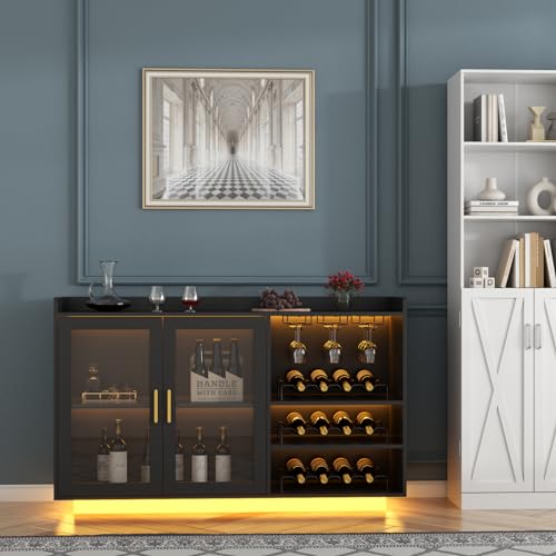 Loomie Wine Bar Cabinet with LED Lights, Floating Coffee Bar with Glass Rack and Removable Wine Racks, Modern Buffet Sideboard with Storage Shelves, Kithchen Bar with Glass Cabinet Doors, Black